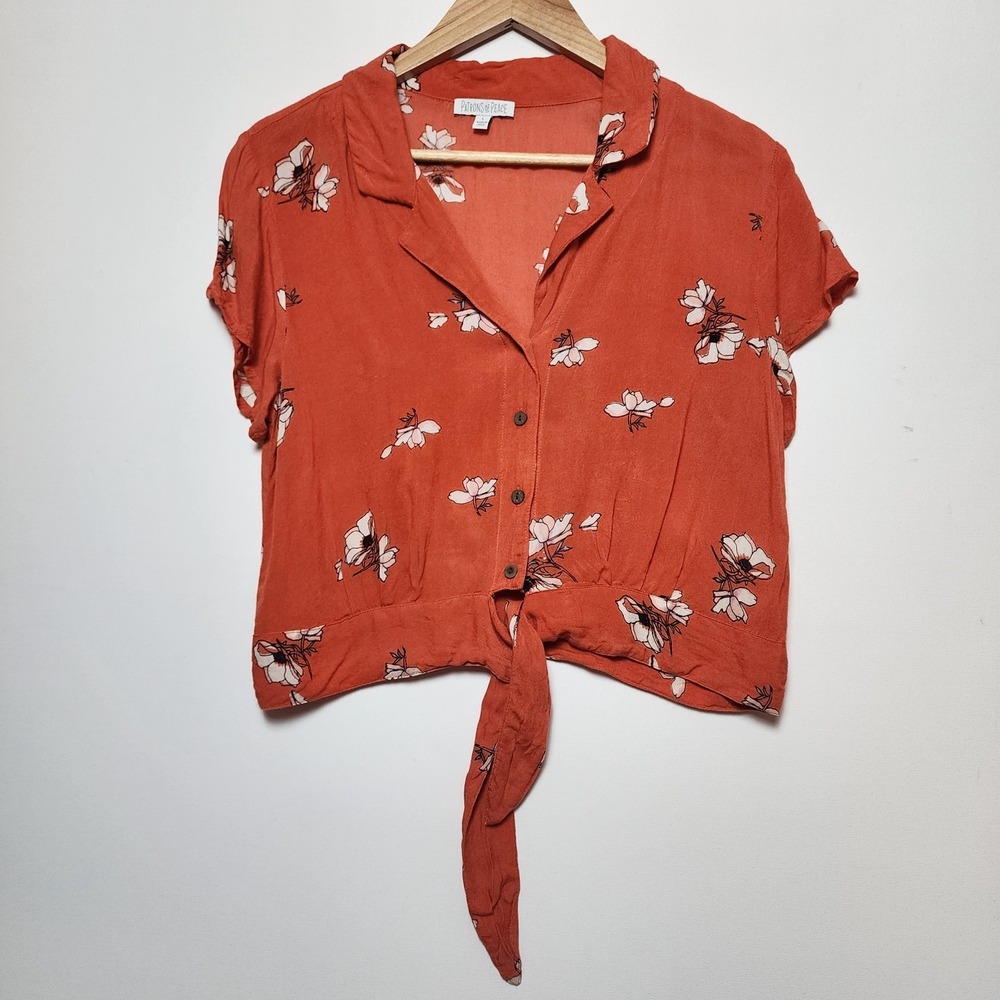 Patrons of Peace Floral Print Tie Front Button Up Crop Top Rust Orange Large